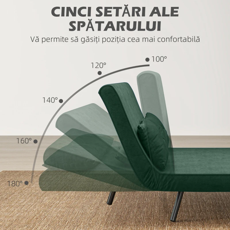 HOMCOM Canapea Pat de 2 Locuri cu Spătar Reglabil pe 5 Nivele, Canapea Pat Pliabilă cu 2 Perne, 102x73x81 cm, Verde(m-5)