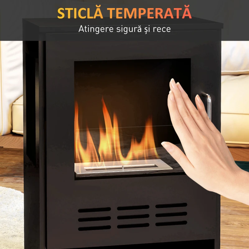 HOMCOM Șemineu pe Bioetanol de Podea cu Arzător de o Durată de 3,3 Ore, Bioșemineu din Oțel și Sticlă, 44x28x68 cm, Negru
