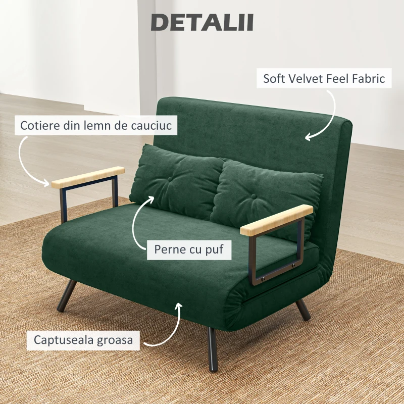 HOMCOM Canapea Pat de 2 Locuri cu Spătar Reglabil pe 5 Nivele, Canapea Pat Pliabilă cu 2 Perne, 102x73x81 cm, Verde(m-6)