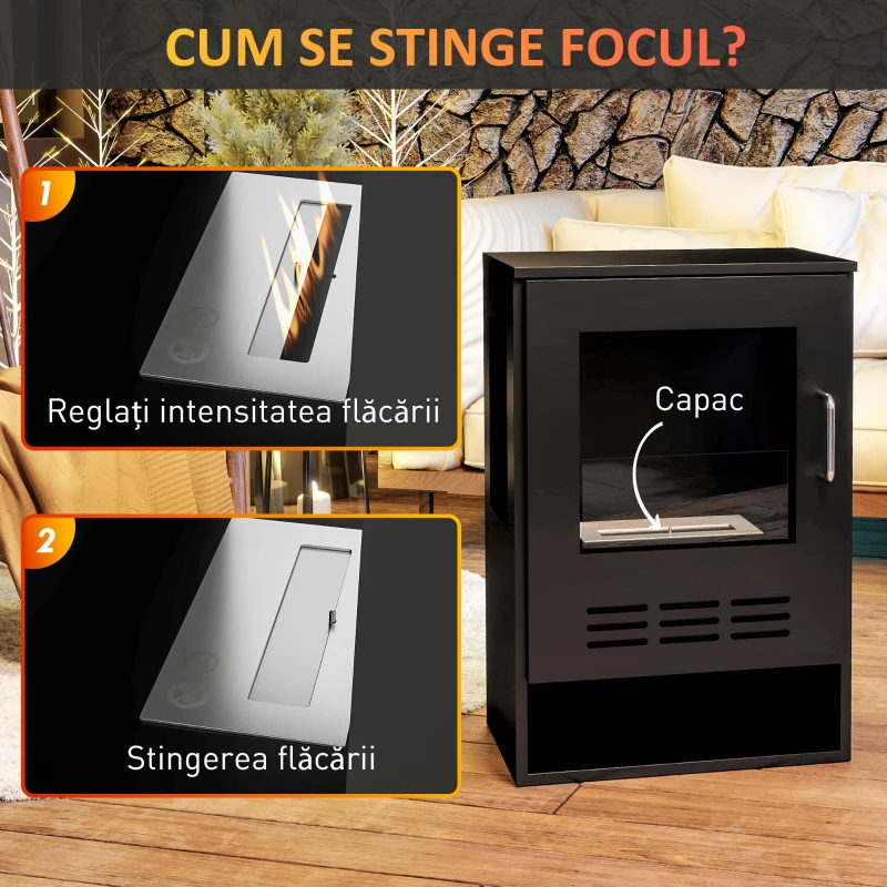 HOMCOM Șemineu pe Bioetanol de Podea cu Arzător de o Durată de 3,3 Ore, Bioșemineu din Oțel și Sticlă, 44x28x68 cm, Negru