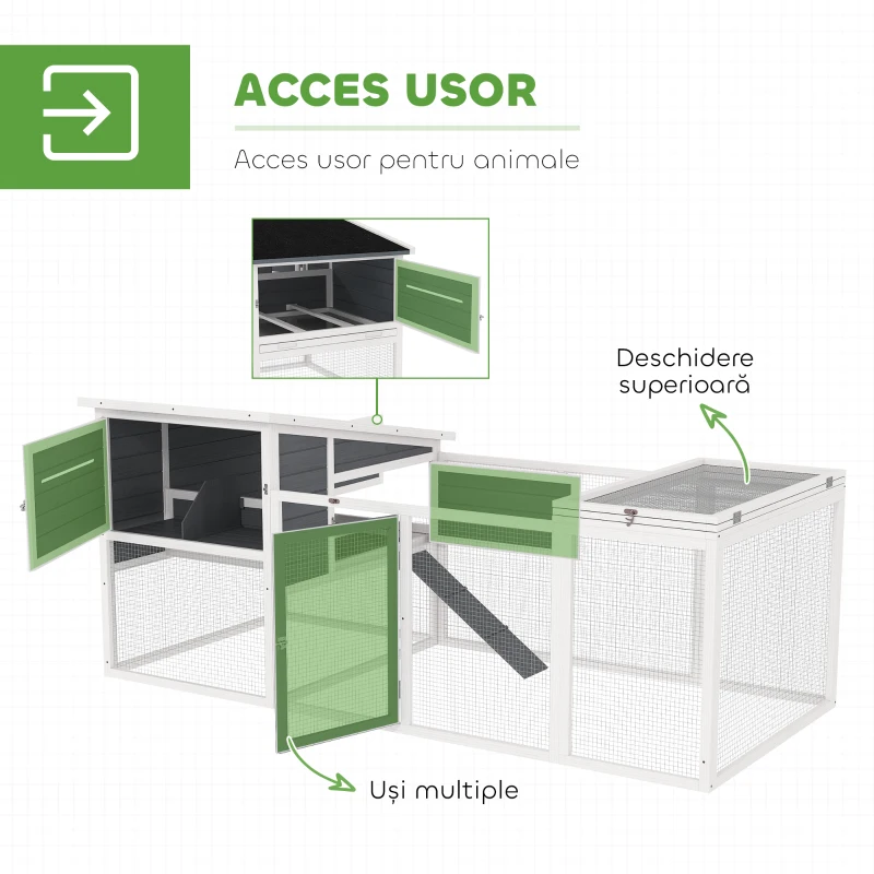 PawHut Coteț pentru 2-4 Găini, Cuib pentru Clocit cu Acoperiș Impermeabil, Tavă Detașabilă și Uși, 214x101x91,5 cm, Gri(m-8)