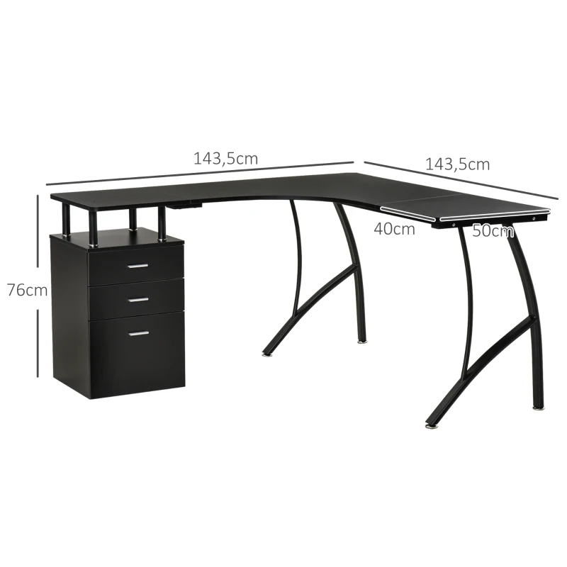 HOMCOM Secretária de Canto para Computador Mesa em Formato de L com 3 Gavetas  143,5x143,5x76cm Preto