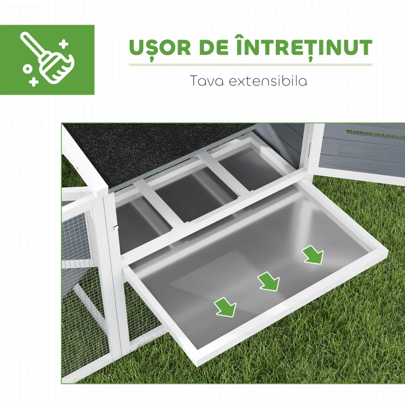 PawHut Coteț pentru 2-4 Găini, Cuib pentru Clocit cu Acoperiș Impermeabil, Tavă Detașabilă și Uși, 214x101x91,5 cm, Gri(m-9)