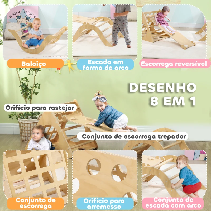 AIYAPLAY Triângulo de Escalar de Madeira 8 em 1 Jogo de Aprendizagem com Rampa Escada em Forma de Arco 175x59,5x60 cm Madeira