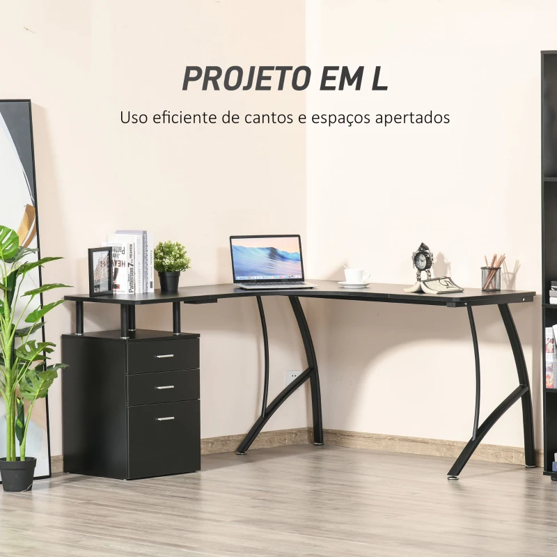 HOMCOM Secretária de Canto para Computador Mesa em Formato de L com 3 Gavetas  143,5x143,5x76cm Preto