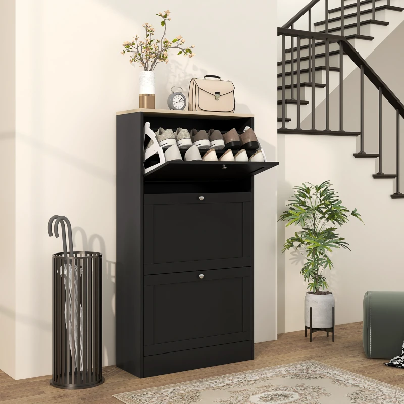 HOMCOM Dulap Îngust pentru Pantofi cu 3 Sertare și Rafturi Reglabile pe 2 Niveluri, 60x23,5x115 cm, Negru
