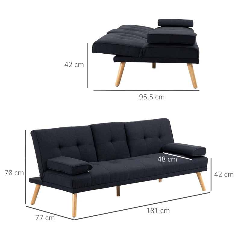 HOMCOM Canapea Extensibilă cu 3 Locuri, 2 Brațe Detașabile și Suport pentru Pahare, 181x77x78 cm, Gri(m-3)