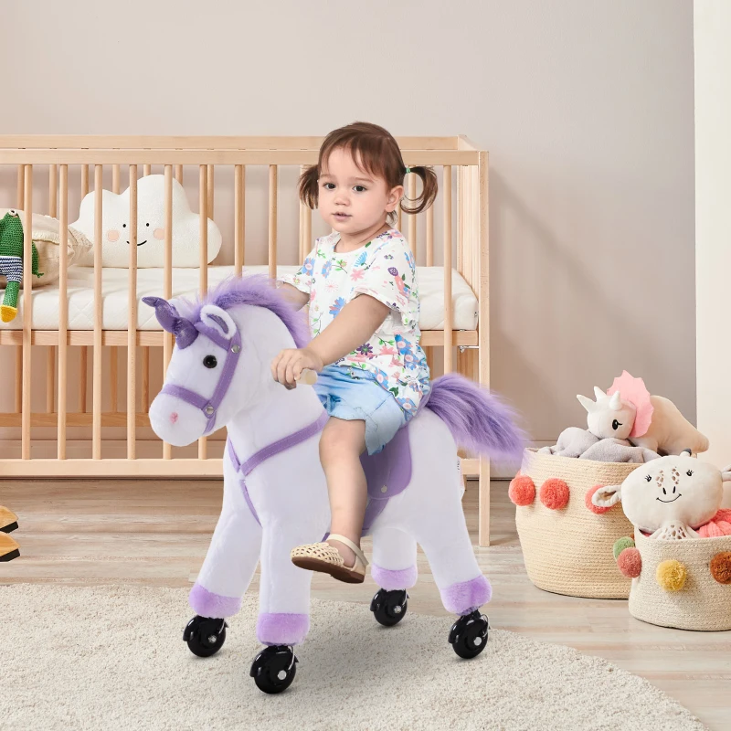 HOMCOM Reitpferd auf Rollen Spielpferd Reittier  Wiehern Plüsch Lila 55 x 23 x 60 cm