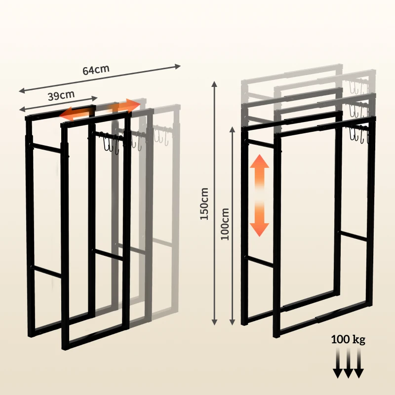Outsunny Suport pentru Lemne din Metal, Suport Reglabil cu Cârlige în Formă de S, 40-65x25x100-150 cm, Negru
