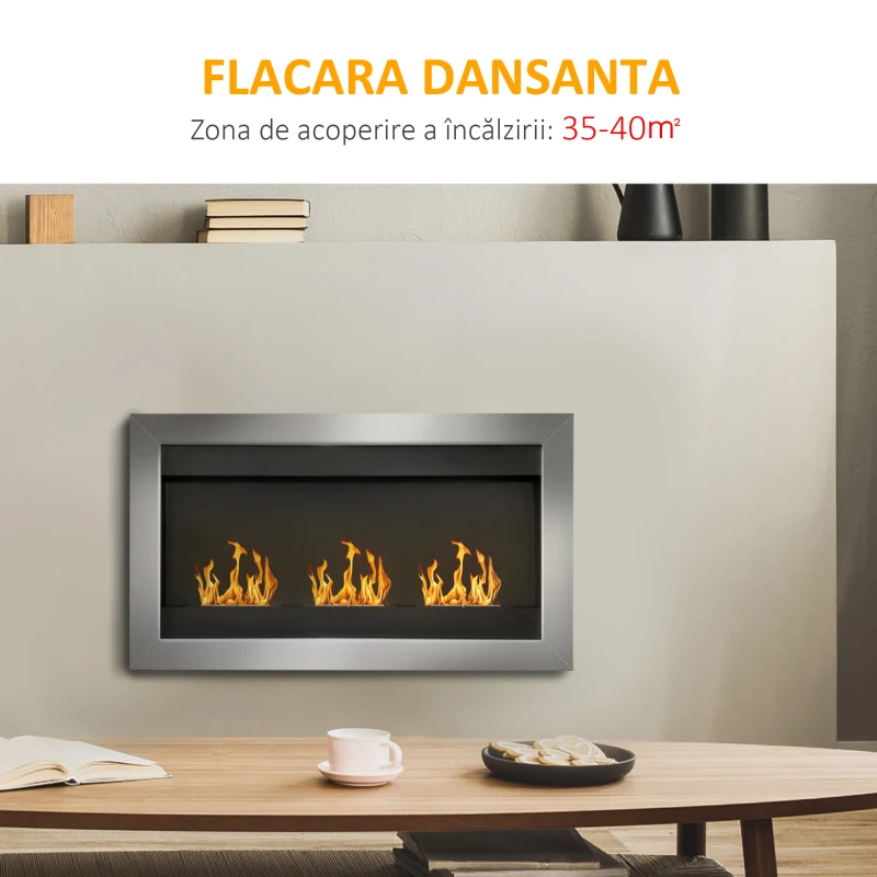 HomCom Șemineu cu Bioetanol pentru Perete cu 3 Arzătoare din Inox 1.5LT 110 x 63 x 16cm