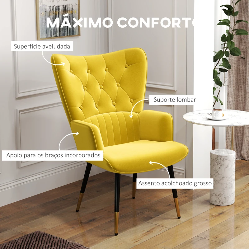 HOMCOM Poltrona Individual Estofada em Veludo com Encosto Alto Apoio para os Braços e Pés de Aço Estilo Moderno 68x72x103 cm Amarelo