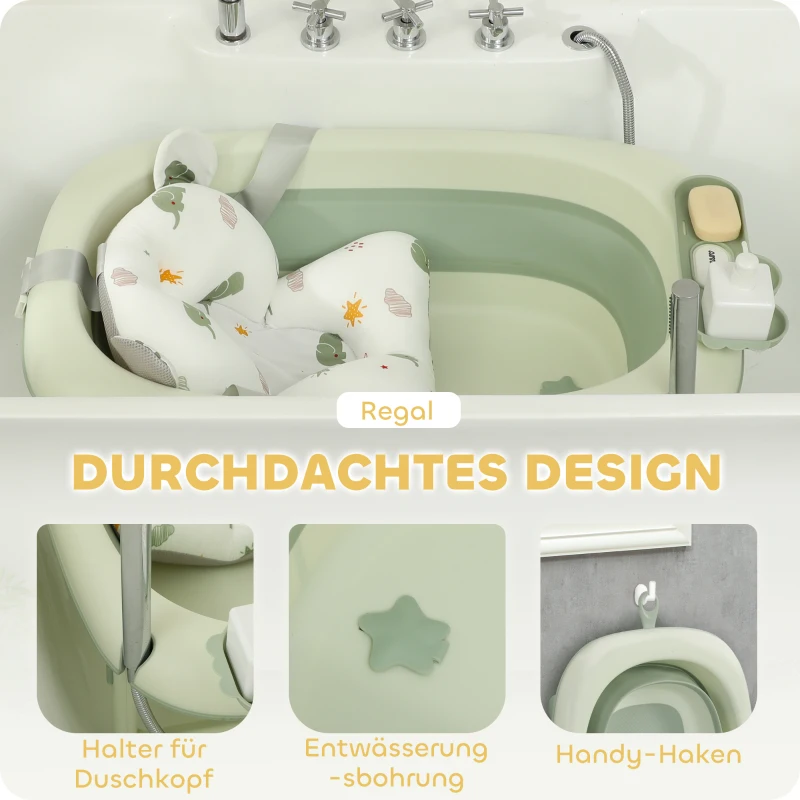 AIYAPLAY Składana Wanienka dla Dzieci z Antypoślizgowym Dnem i Poduszką w Słonie, 86 x 53 x 25,5 cm, Zielony