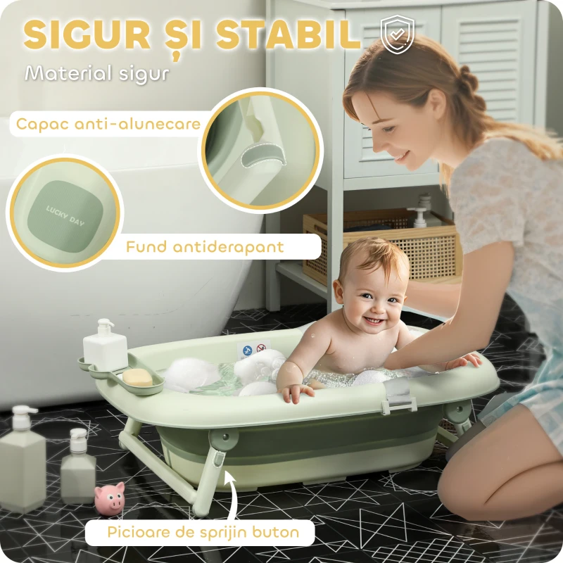 AIYAPLAY Cadă de Baie Pliabilă pentru Nou-Născuți 0-3 ani cu Pernă Rafturi și Fund Antiderapant, 86x53x25,5 cm, Verde