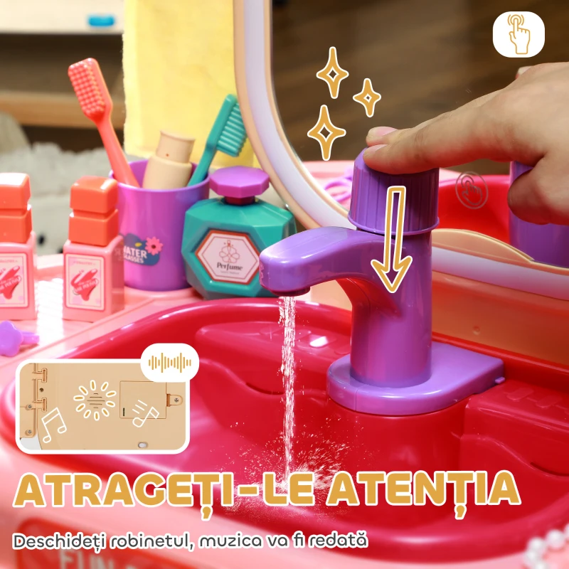 AIYAPLAY Masă de Toaletă pentru Fetițe 3-6 Ani cu Oglindă din Acrilic și Robinet, Jucărie pentru Copii din Plastic, 55x29x71 cm, Roz