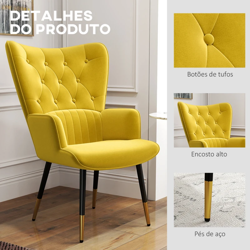 HOMCOM Poltrona Individual Estofada em Veludo com Encosto Alto Apoio para os Braços e Pés de Aço Estilo Moderno 68x72x103 cm Amarelo