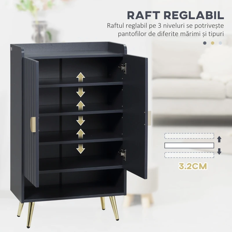 HOMCOM Dulap de pantofi modern cu 4 niveluri, cu 2 usi si rafturi reglabile pentru pana la 15 pantofi, din PAL si otel, 60x33x100 cm, gri si auriu