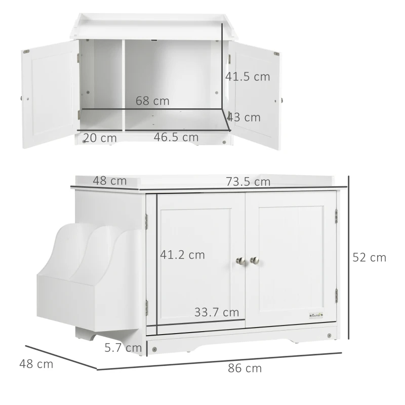 PawHut Mobilier Acoperit pentru Litieră cu Separator Interior Reglabil, Intrare Laterală și 2 Uși, 86x48x52 cm, Alb
