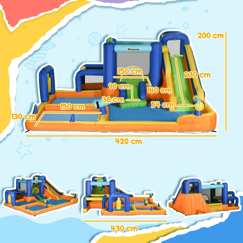 Outsunny Castelo Insuflável Infantil 7 em 1 com Escorrega Piscina Insuflador e Bolsa de Transporte 430x420x200 cm Multicolorido