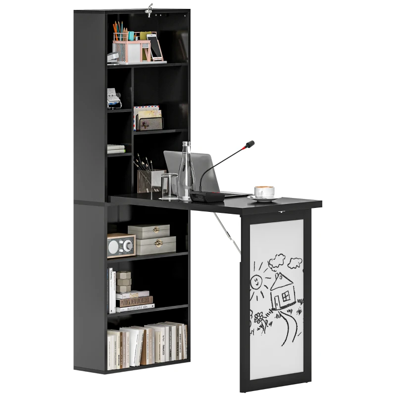 HOMCOM Three-Part Work Desk, with Storage and Writing Board - Black