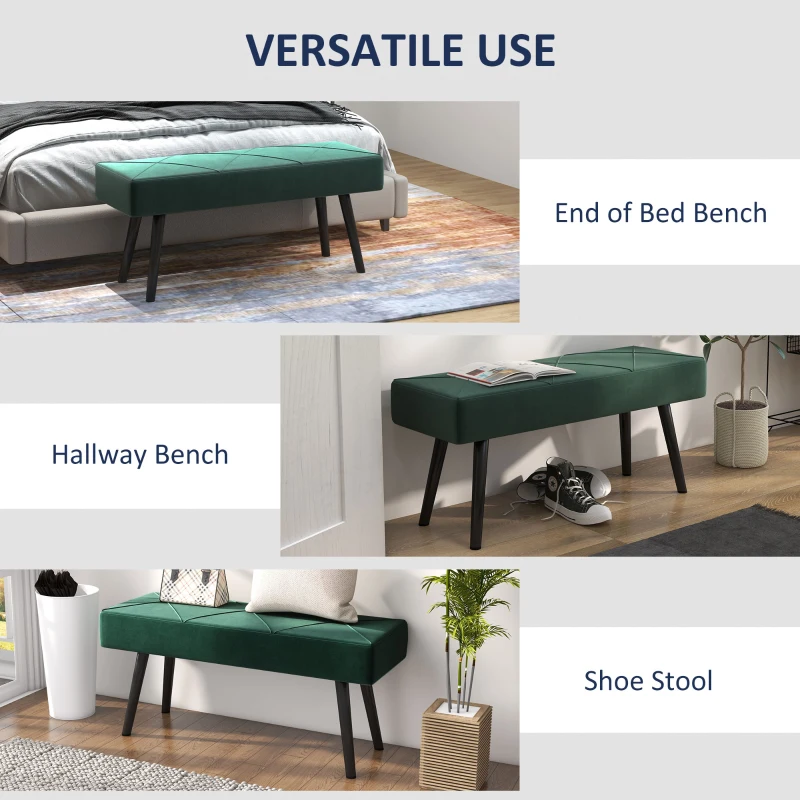 HOMCOM Bancă pentru Capătul Patului, Bancă cu Picioare din Oțel și Țesătură cu Efect de Catifea, 100x36x45 cm, Verde