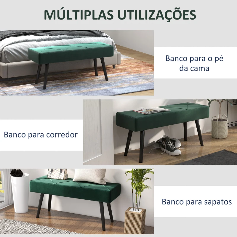 HOMCOM Banco de Pé de Cama Multifuncional e Moderno Banco de Dormitório com Pés de Aço e Assento Acolchoado 100x36x45 cm Verde