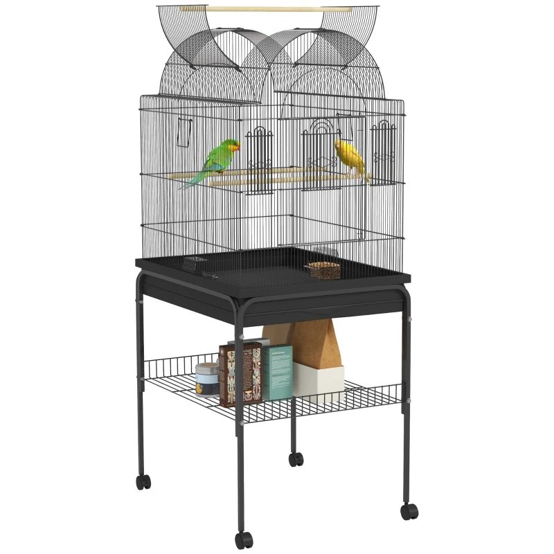 PawHut Mobilna klatka dla kanarków i falistych, z dolną półką, metalowa siatka, Czarna