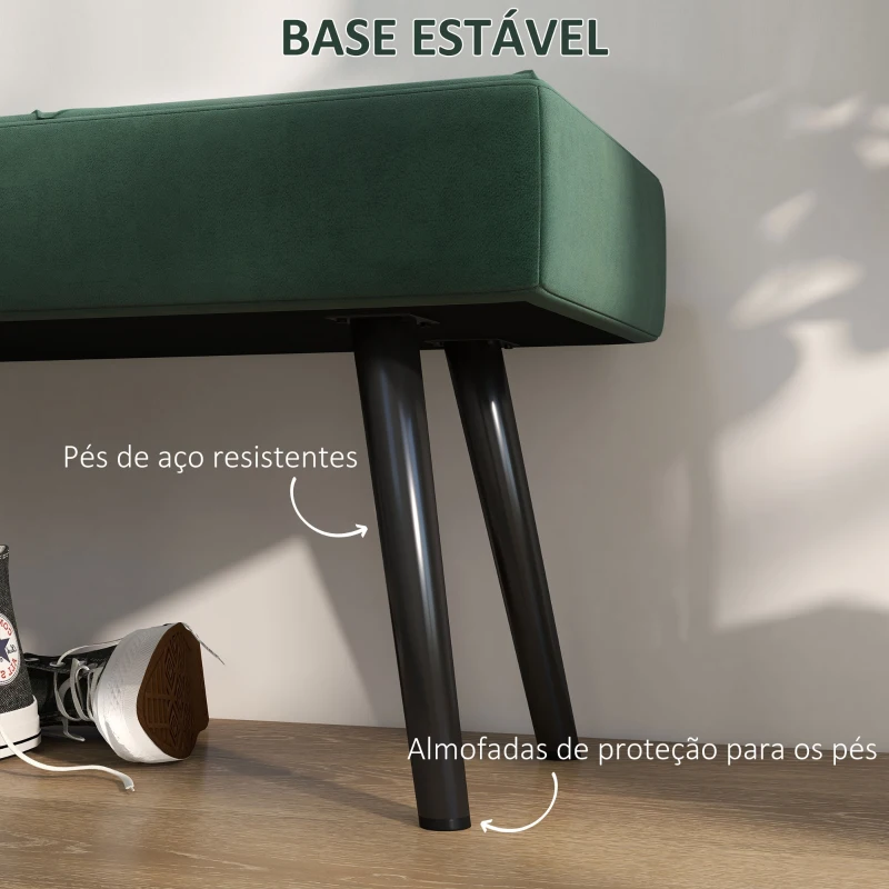 HOMCOM Banco de Pé de Cama Multifuncional e Moderno Banco de Dormitório com Pés de Aço e Assento Acolchoado 100x36x45 cm Verde