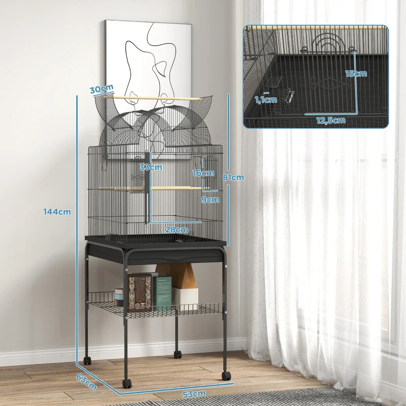 PawHut Mobilna klatka dla kanarków i falistych, z dolną półką, metalowa siatka, Czarna