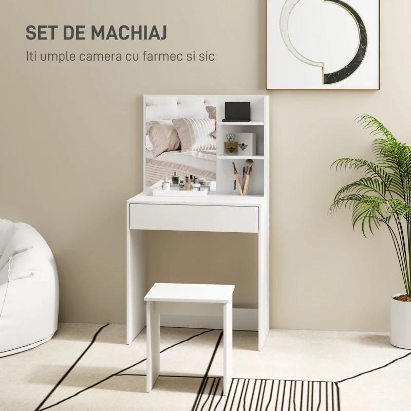HOMCOM Masă de Toaletă/Machiaj cu 3 Rafturi, Sertare, Oglindă și Taburet, 75x40x137 cm, Alb