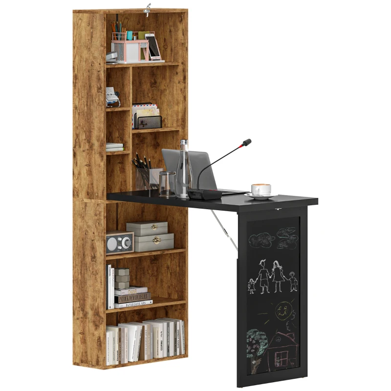 HOMCOM Folding Desk with Blackboard Multi-function Computer Office Workstation Side Shelf for Home Office, Rustic Brown