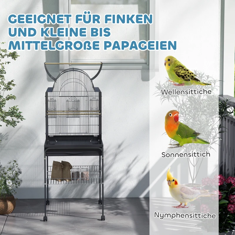 PawHut Mobilna klatka dla kanarków i falistych, z dolną półką, metalowa siatka, Czarna