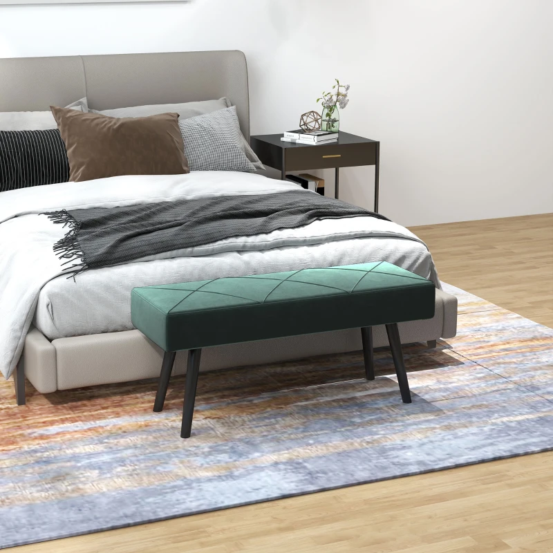 HOMCOM Bancă pentru Capătul Patului, Bancă cu Picioare din Oțel și Țesătură cu Efect de Catifea, 100x36x45 cm, Verde