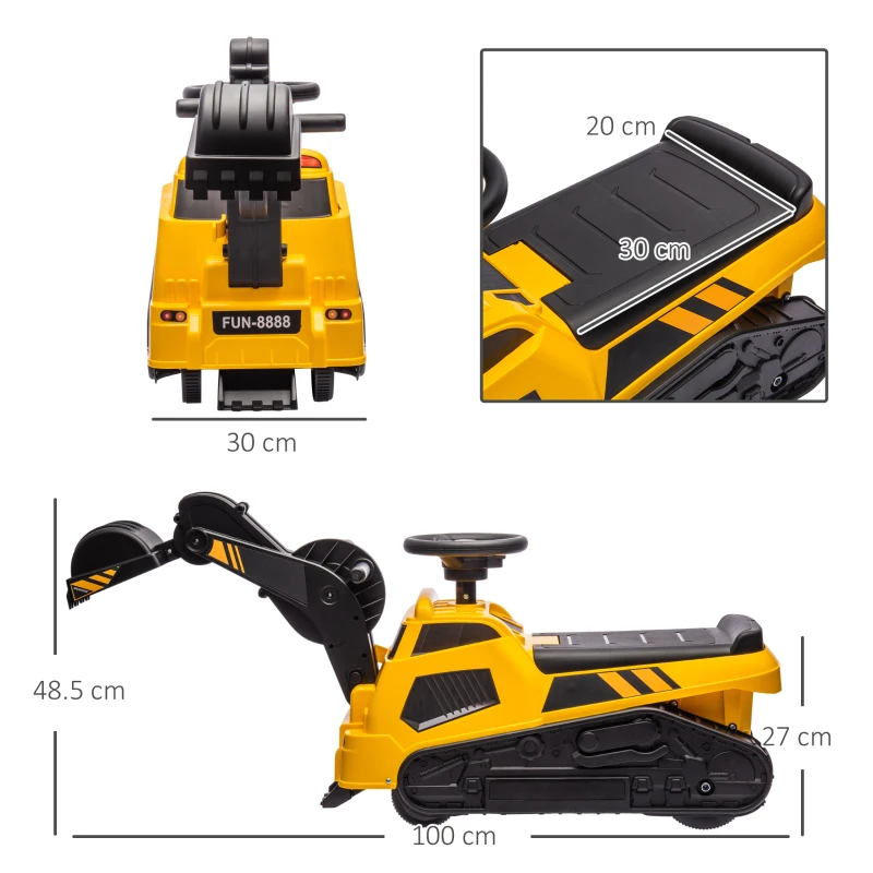 Aosom Excavator Bulldozer 3 în 1, Fără Alimentare, Pentru Joc de Construcție cu Muzică, pentru Copii Între 18 și 48 de luni,  100x43x48 cm, Galben.