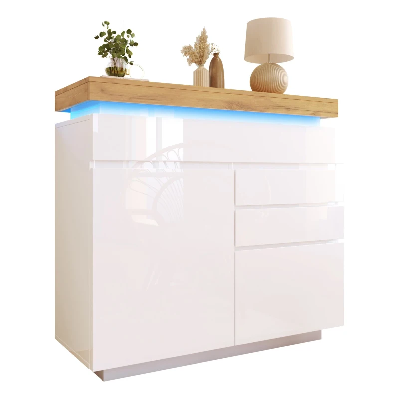 High-Gloss Chest of Drawers with 2 Doors and 3 Drawers, Sideboard Cabinet with App-Controlled LED Lighting, 110L x 39W x 115H cm, White