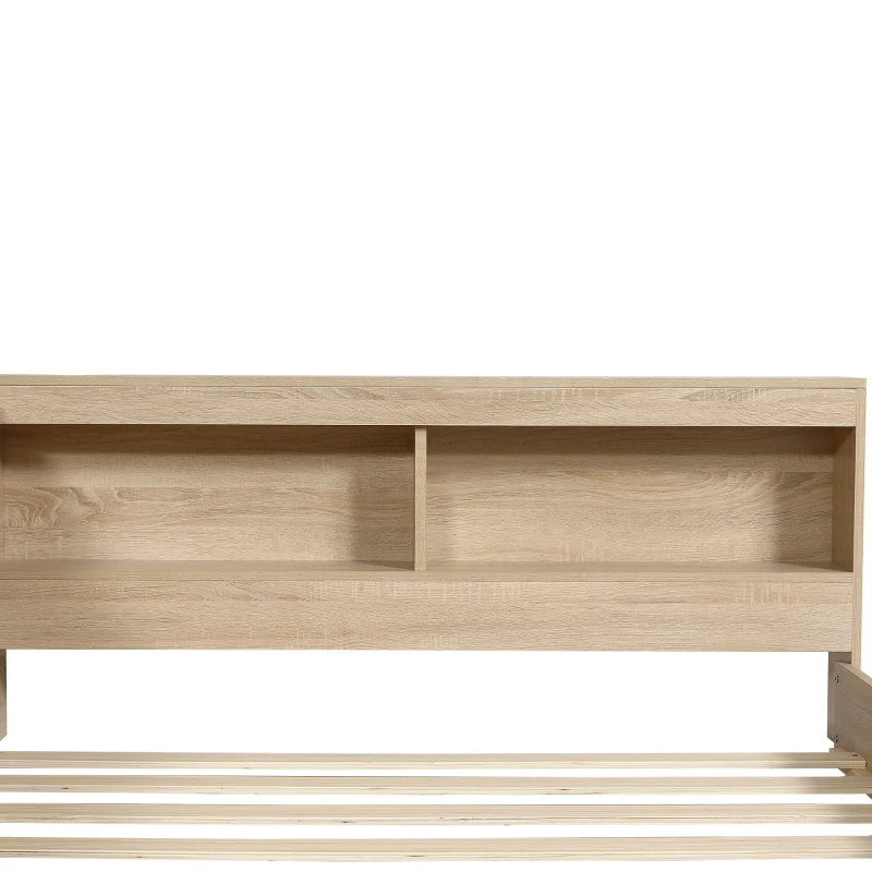 Wooden Double Bed with Ample Compartments Storage Space, Durable MDF and Plywood, Storage Bed with Minimalist Style, 208L x 153W x 60H cm, White Oak
