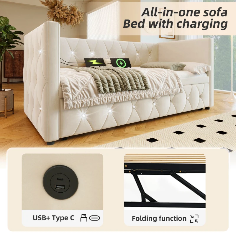 3 Seater Futon Bed with Fast Charging Ports & Removable Trundle, for Spontaneous Overnight Stays - Beige