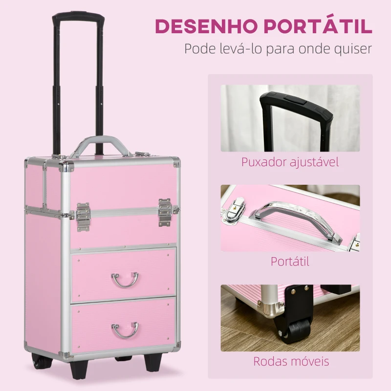 HOMCOM Mala de Maquilhagem Professional com Rodas 6 Gavetas Extensíveis Fechadura 2 Chaves e Alça Retrátil 36x23x58 cm Rosa