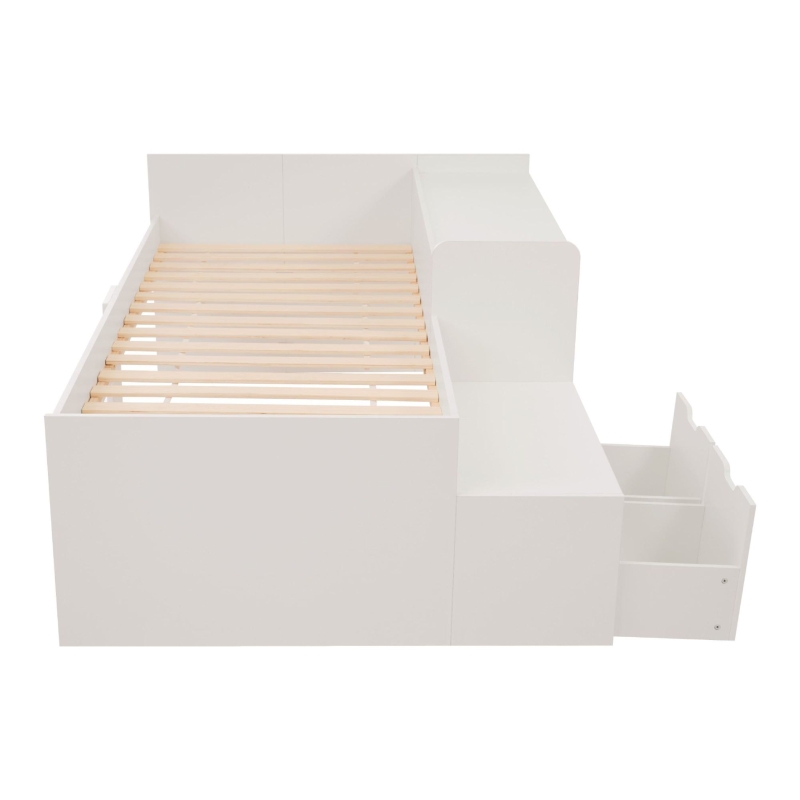 Kids Single Bed with Desk and Storage Drawers, Solid Wood Bed Frame, 195L x 137W x 82.5H cm, White