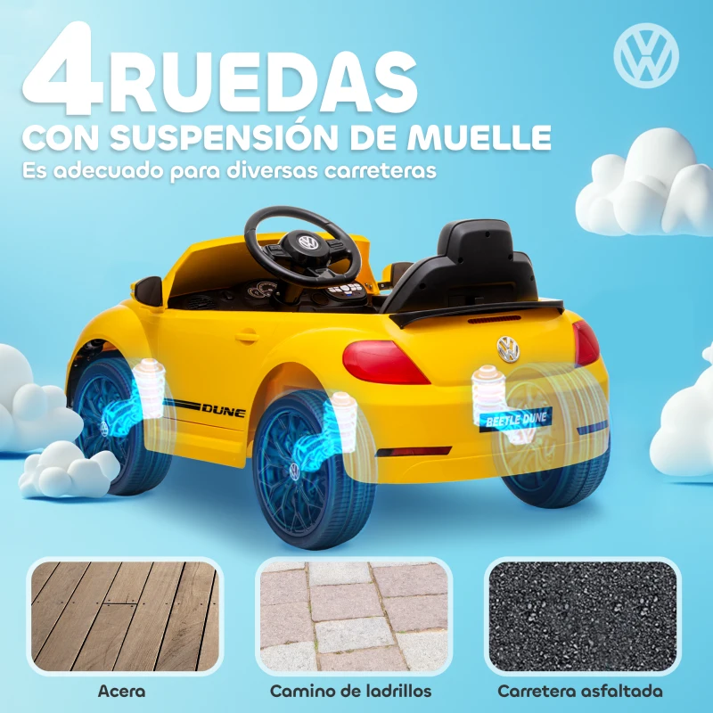 AIYAPLAY Coche Eléctrico para Niños de +3 Años Volkswagen Beetle con Batería 12V Mando a Distancia Faros Bocina y Música Amarillo
