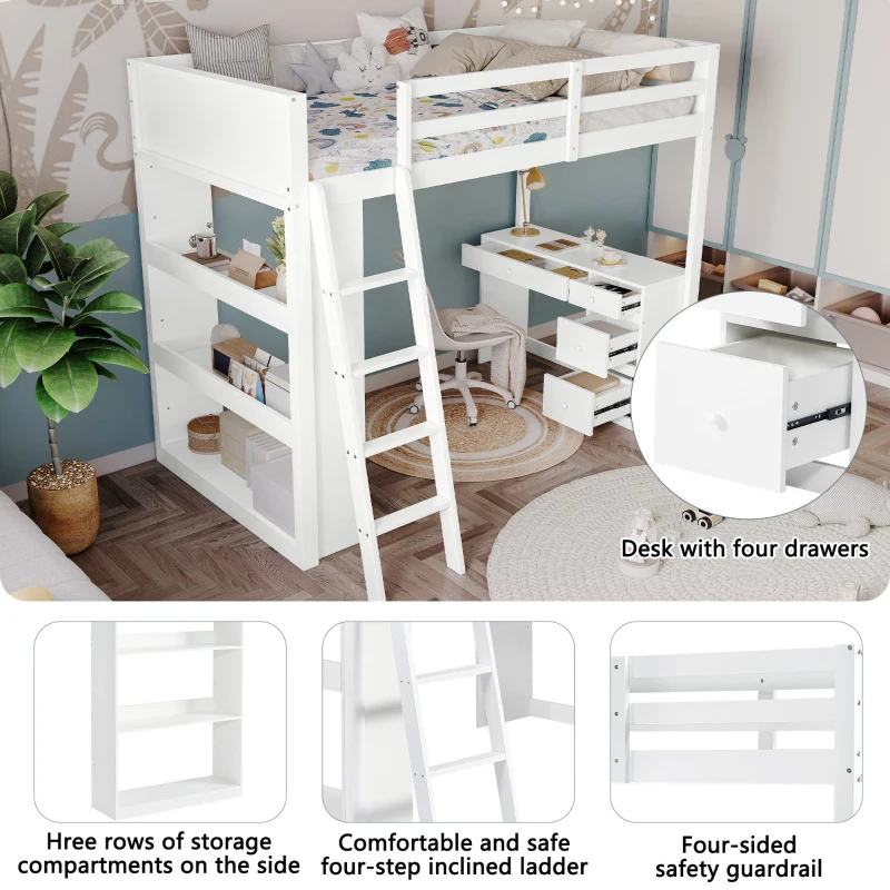 4-Step Ladder Bunk Bed with Drawers and Shelves, Study Space, Safety Guardrails, Versatile Bed for Teenagers, 195L x 131W x 170H cm, White