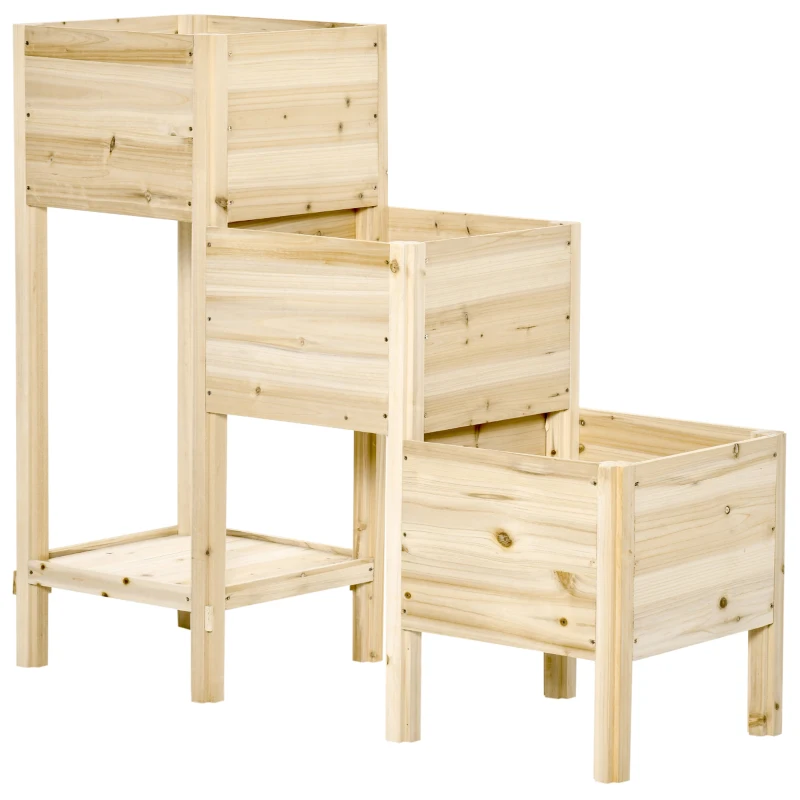 Outsunny Hochbeet 3 Etagen aus Holz mit Ablageboden & 3 Entwässerungslöchern für Garten Balkon Natur 125 x 45 x 108 cm