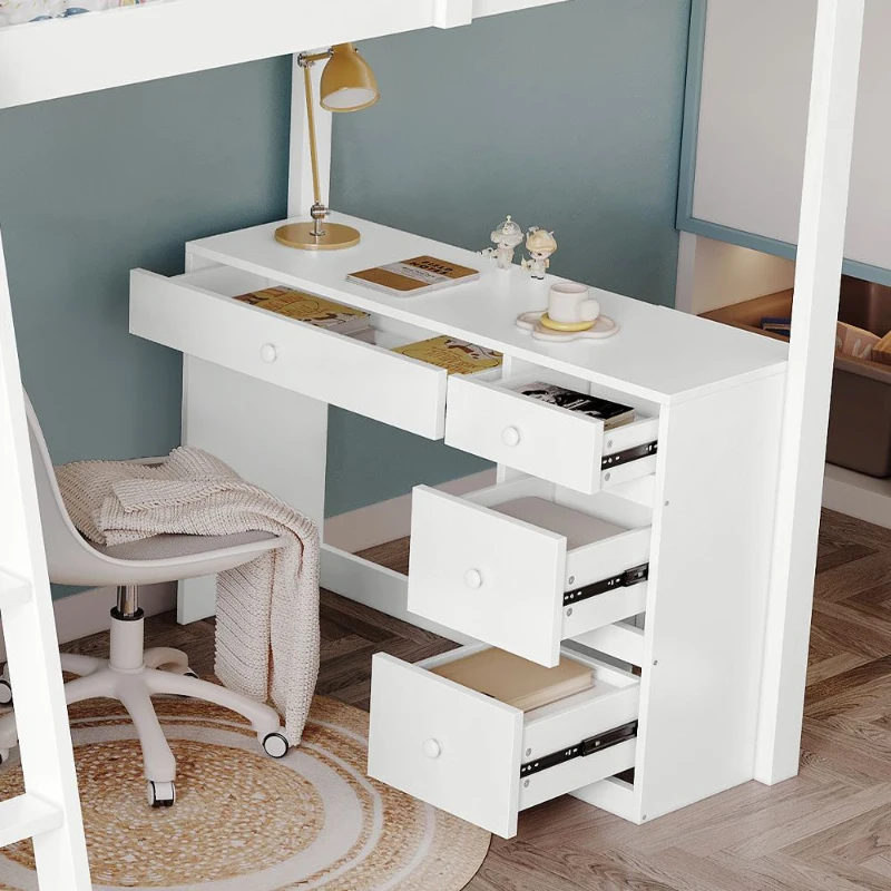 4-Step Ladder Bunk Bed with Drawers and Shelves, Study Space, Safety Guardrails, Versatile Bed for Teenagers, 195L x 131W x 170H cm, White