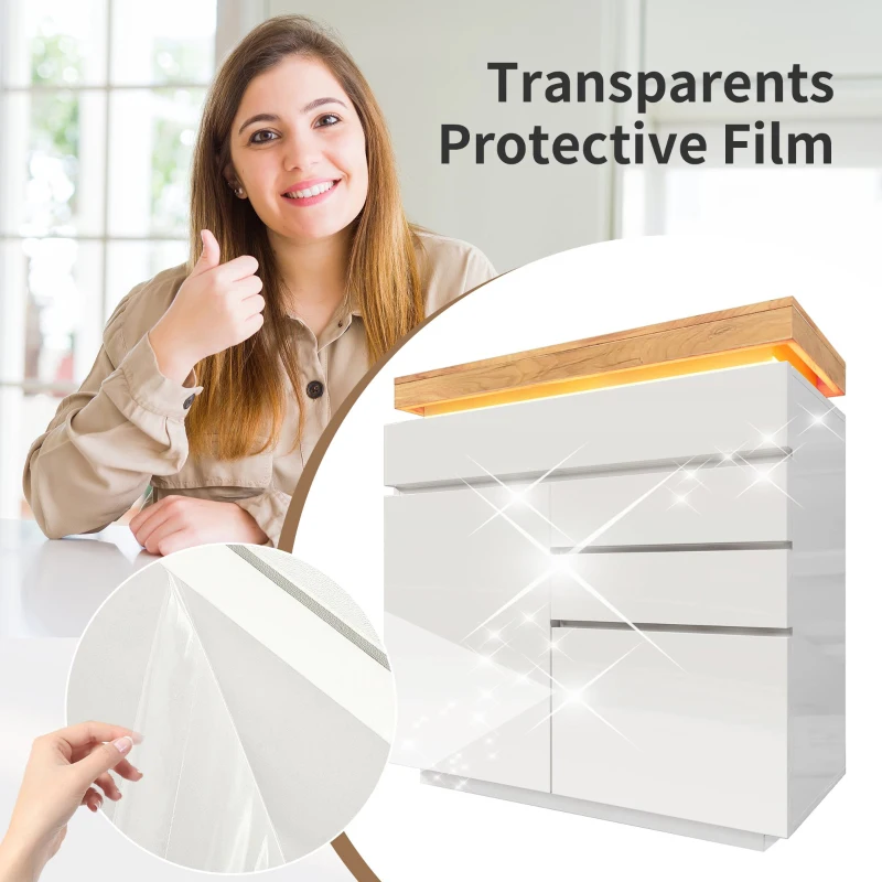 High-Gloss Chest of Drawers with 2 Doors and 3 Drawers, Sideboard Cabinet with App-Controlled LED Lighting, 110L x 39W x 115H cm, White