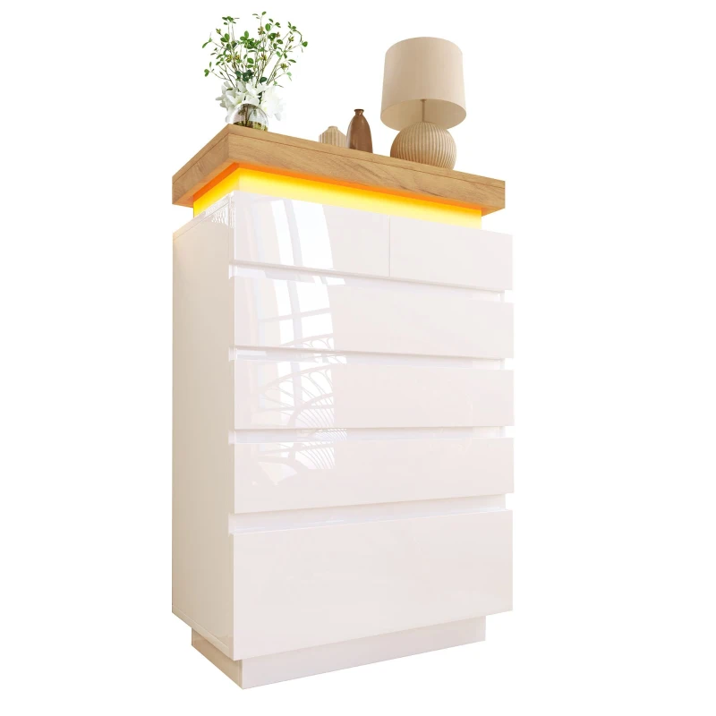 High-Gloss Storage Cabinet with 6 Drawers, LED lighting Chest of Drawers for Bedroom, Living Room, 73L x 39W x 115H cm, White