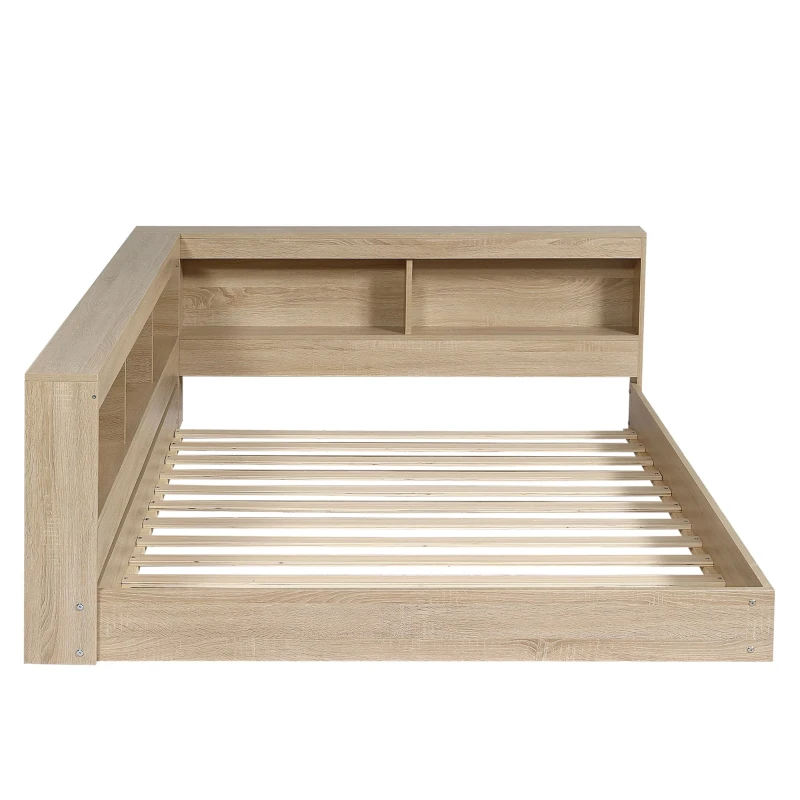 Wooden Double Bed with Ample Compartments Storage Space, Durable MDF and Plywood, Storage Bed with Minimalist Style, 208L x 153W x 60H cm, White Oak