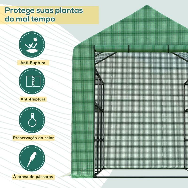 Outsunny Estufa de Jardim Estufa de Exterior com Prateleiras de 4 Níveis Porta com Fecho de Correr e Estrutura de Aço 244x180x210 cm Verde