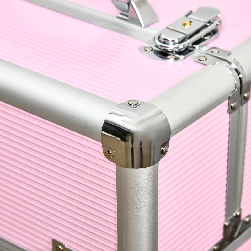 HOMCOM Mala de Maquilhagem Professional com Rodas 6 Gavetas Extensíveis Fechadura 2 Chaves e Alça Retrátil 36x23x58 cm Rosa