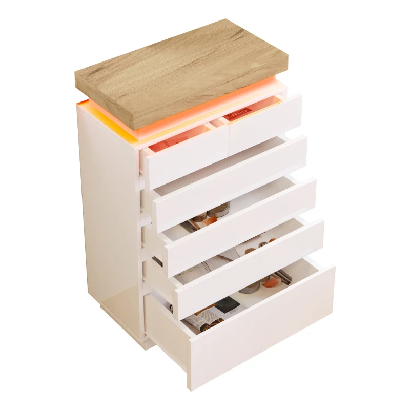 High-Gloss Storage Cabinet with 6 Drawers, LED lighting Chest of Drawers for Bedroom, Living Room, 73L x 39W x 115H cm, White