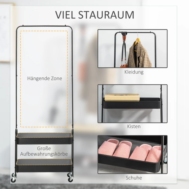 HOMCOM Metalen Kledingrek met Schoenenplank, Verrijdbaar, Vrijstaand, Zwart