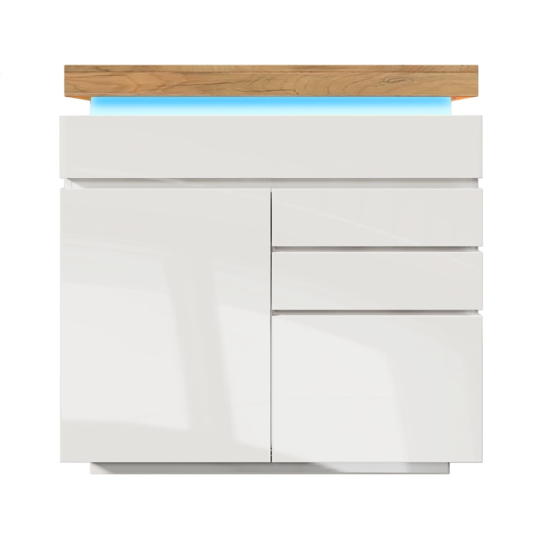 High-Gloss Chest of Drawers with 2 Doors and 3 Drawers, Sideboard Cabinet with App-Controlled LED Lighting, 110L x 39W x 115H cm, White